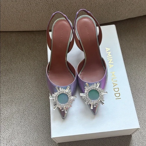 Amina Muaddi Begum Swarovski Crystal-Embellished Multicolor Slingback Heels